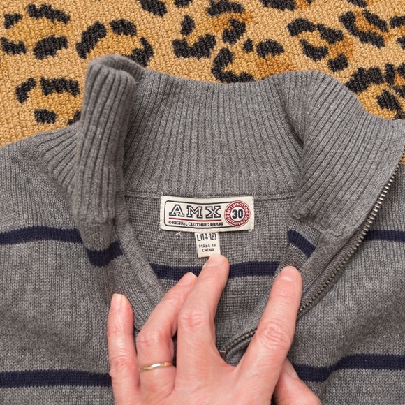 AMX preppy 1/4 zip cotton 1/4 zip sweater striped gray & navy size Large 14-16 - Picture 5 of 6